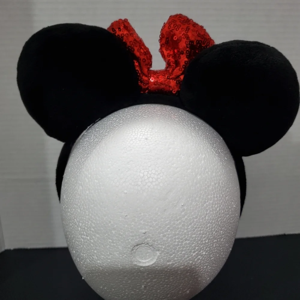 Disney Parks Minnie Mouse Black Plush Ears Red Seqin Bow Headband L👀K